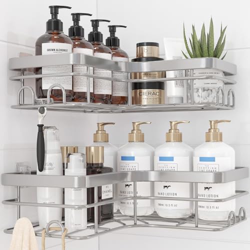 Sakugi Corner Shower Caddy - 2 Pack, Adhesive Shower Organizers, Rustproof Stainless Steel Shower Shelves with 8 Hooks, No Drilling Bathroom Organizers and Storage Racks, Space-Saving, Silver, X-Large by Sakugi