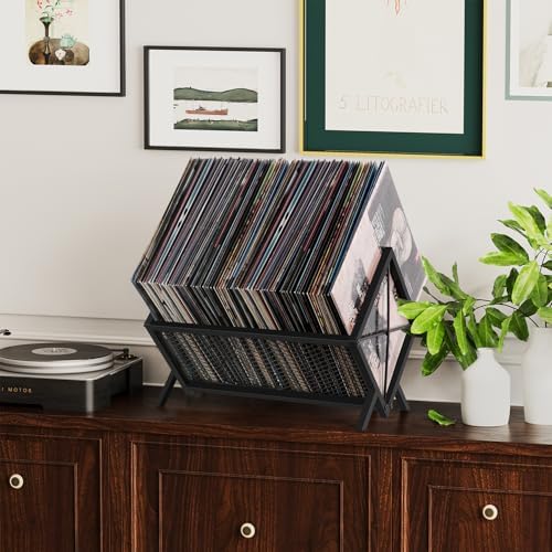 YINMIT Vinyl Record Storage Holder - 80-100 LP Vinyl Organizer, Metal Record Display Rack, Quick Assembly Album Storage for Books, Black - Image 6