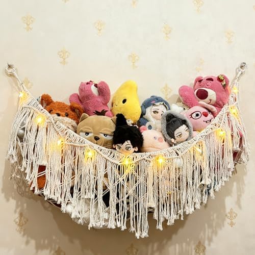 Stuffed Animal Hammock or Net With LED Lights Extra Large Wall Hanging Stuffed Animal Storage Nets for Teddy Bear Handmade Macrame Hanging Toy Net Hammock for Stuffed Animal Storage (Beige) by LXUNYI