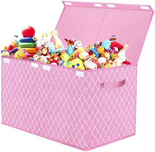 Toy Box Chest Organizer Bins for Girls Boys, Kids Large Fabric Collapsible Storage Basket Container with Flip-Top Lid & Handles for Clothes,Blanket,Nursery,Playroom,Bedroom (Pink) by VERONLY