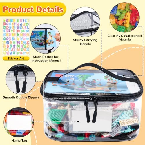 Tesuko 6 Pack Clear Toy Storage Bag with Name Tag& Manual Pocket, Waterproof Transparent PVC Toy Organizer Case for Lego Bricks, Board Games, Building Blocks, Puzzles (Large Capacity, Black) - Image 4