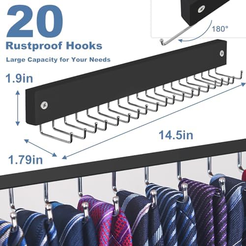 【2 in 1】 Tie Rack Belt Organizer Wall Mounted, Space Saving Tie Hanger for Closet with 20 Storage Hooks, Belt Holder for Closet Organizer Storage - Image 3