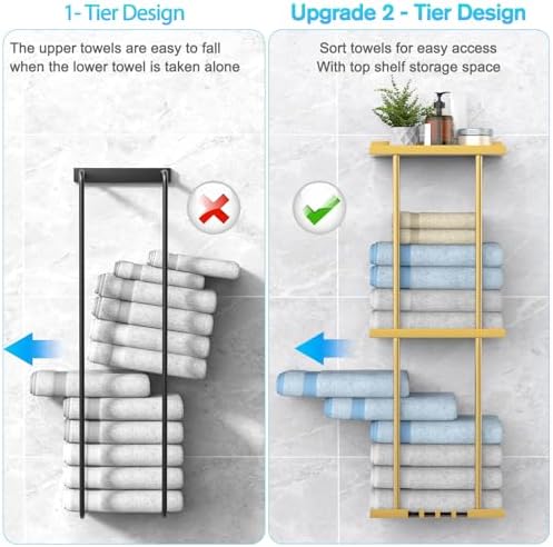 Liuoud Towel Rack for Bathroom, Wall Mounted Vertical Rolled Towel Storage Organizer Holder with Shelf, Holds Up 6 Large Bath Sheets, Gold Large Size - Image 6