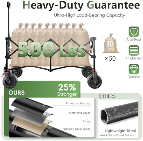 46" L Collapsible Foldable Extended Wagon, 500LB Weight Capacity with 280L Heavy Duty Folding Cart,Utility Wagon with All-Terrain Beach Wheel & Drink Holders,Gray - Image 5