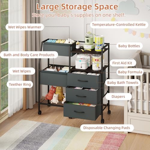 Somdot Baby Diaper Caddy Organizer, 3-Tier Rolling Cart with Drawers - Image 3