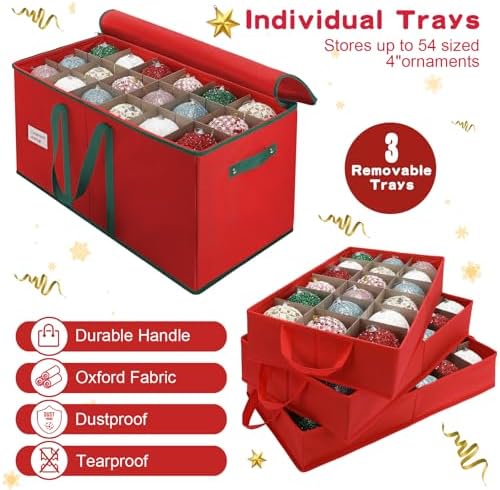Large Christmas Ornament Storage Box Keeps 54 4" & 3 Individual Trays - Image 3