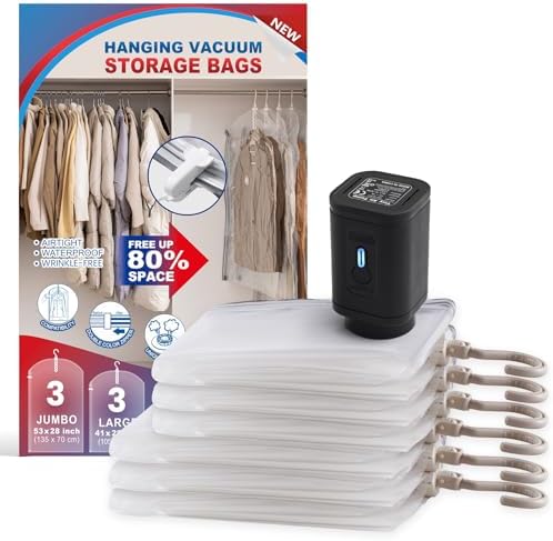 Hanging Vacuum Storage Bags, Space Saver for Clothing, 6 Combo with Pump by VELMADE