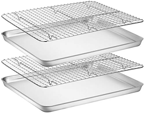 Baking Sheet with Rack Set [2 Pans + 2 Racks], Wildone Stainless Steel Cookie Sheet Baking Pan Tray with Cooling Rack, Size 16 x 12 x 1 Inch, Non Toxic & Heavy Duty & Easy Clean by Wildone