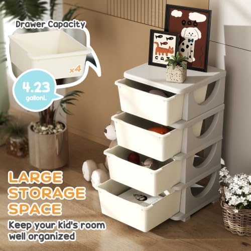 Qaba 4 Drawers Kids Storage Unit 4 Tier Toy Organizers Cream White - Image 4