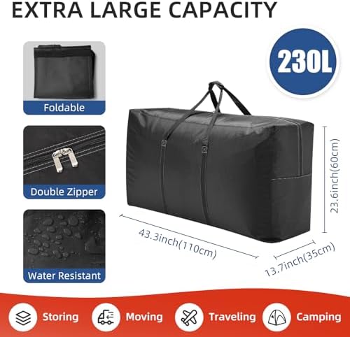 Extra Large travel duffel bag with Strong Handles, 230L Waterproof duffel bag, Durable Zippers, Extra Large Storage Totes for Space Saving and Moving Supplies, Black - Image 2