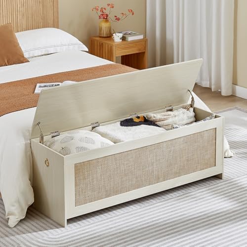 51.2" Storage Chest Large,Wooden Rattan Storage Bench.(White Cream) - Image 3