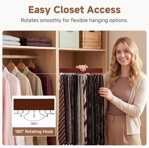 StorageWorks Tie Rack with 20 Hooks, 2 Set Wall Mounted Wood Hanger, Cherry - Image 4