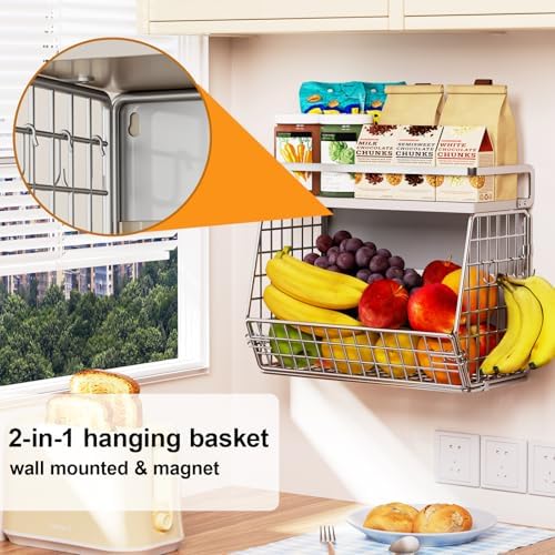 Wire Fruit Basket 2 IN 1 Magnetic & Hanging Wall Produce Basket with Spice Rack for Potato Onion Vegetable Storage for Pantry,Kitchen Countertop and Fridge Organizer - Image 4