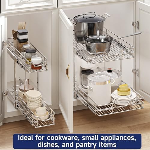 2-Tier Pull Out Cabinet Organizer, 14.5" W x 21.5" D, Heavy Duty Dual Slide Out Shelves for Base Cabinets, Chrome Wire Basket Drawer for Pantry, Kitchen & Bathroom Storage - Image 6