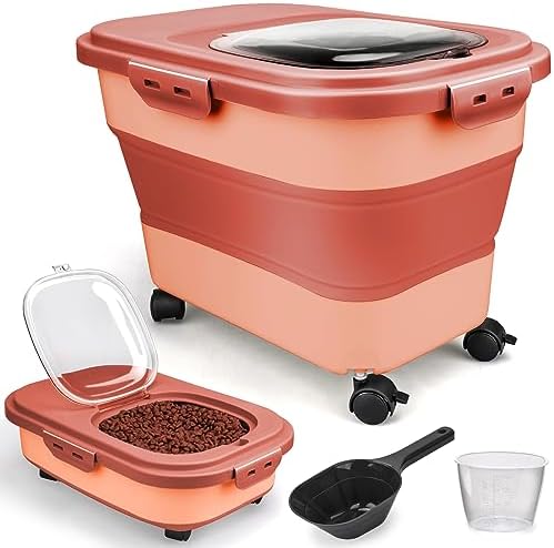 Viretec Dog Food Storage Container, 10-20Lbs Collapsible Pet Food Storage Containers with Rolling Wheel Airtight Locking Lid, Dry Food Storage Bin with Cup and Scoop,Suitable for Pet Food, Rice, Flour by Viretec