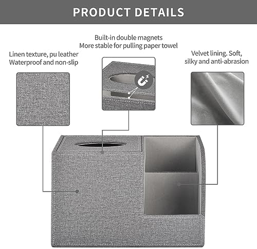 Square Tissue Box Cover Organizer,PU Leather Cube Tissue Box Holder with 2-Compartment Storage Box,Tissue and Remote Control Holder,Decorative Tissue Box Bedroom NightStand Office Tabletop,Grey - Image 5