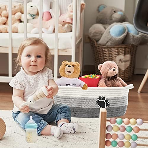 Small Woven Baskets for Organizing Rope Storage Basket with Handle Cute Cotton Basket for Nursery Gift Dog Toy Storage Bins for Toy Organizer Grey-white - Image 3