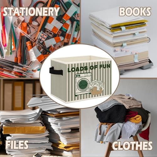 Funny Laundry Basket Foldable Storage Bins Box with Handles, Loads of Fun Retro Green Striped Collapsible Toys Books Clothes Organizer Basket for Bathroom Laundry Room Washroom - Image 6