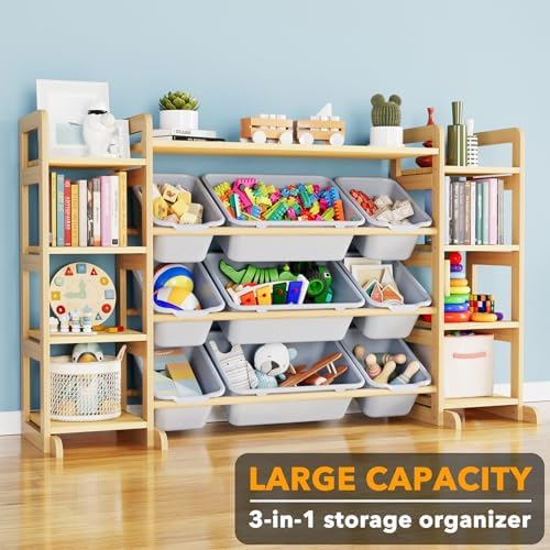 SpaceAid Large Toy Storage Organizer 9 Shelves 9 Bins, Toy Organizers Storage Bookshelf, Kids Bin Shelf Toys Box Bookcase for Bedroom Playroom Organization Room Decor, Neutral Gray - Image 2
