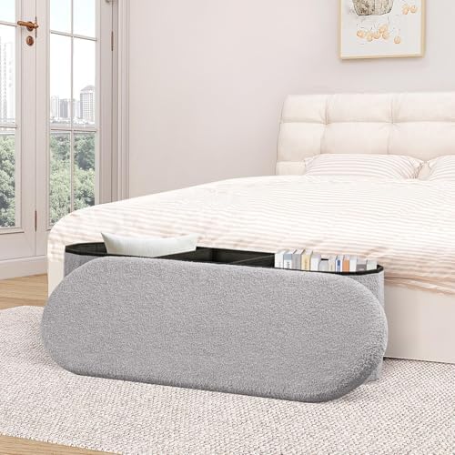 B FSOBEIIALEO 43.3" Sherpa Ottoman with Storage for Living Room, Grey - Image 2
