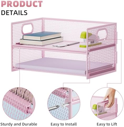 Marbrasse 2 Tier Paper Organizer Letter Tray, Mesh File Organizer with Handle, Paper Sorter Desk Organizer for Home Office Supplies - Pink - Image 2