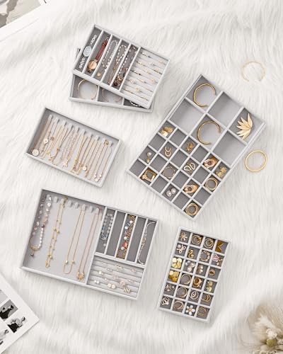 Lolalet Jewelry Drawer Organizer Inserts, Stackable Velvet Tray Jewelry Storage Organizers Set Display Cases for Necklaces Bracelets Earrings Rings Chains Bangles Watches, Grey, Set of 4 - Image 5