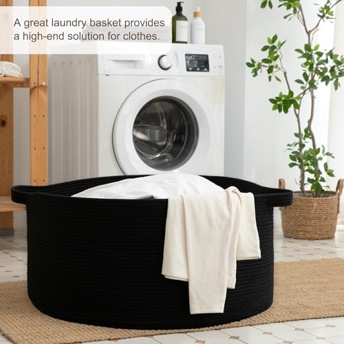 OIAHOMY 105L Extra Large Blanket Basket - Decorative Cotton Rope Storage Basket for Bedroom, Living Room & Nursery - Woven Laundry Hamper for Organizing Blankets, Clothes & Toys - Black - Image 4