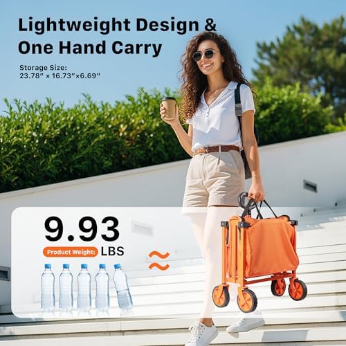 29.3" Collapsible Wagon Cart, 150L Heavy Duty Folding Utility Wagon with Wheels, 260 lbs Load, Portable Rolling Cart for Garden, Shopping, Sports, Camping, Orange - Image 4