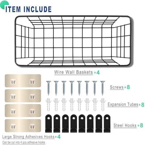 4 Pack Hanging Wall Basket Wire Storage Baskets, Adhesive Basket for Cabinet Door Organizer(2 Wall Mounting Options), Hanging Fruit Baskets for Kitchen, Pantry Organization, Bathroom, Black - Image 2