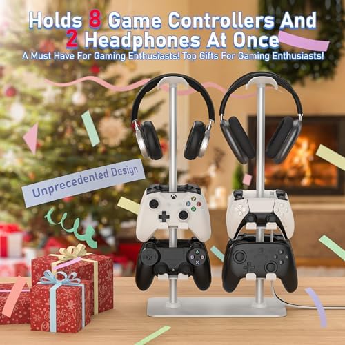 MANMUVIMO Headset Controller Stand for 2 Headset and 8 Controller, Headphone Stand Gaming Controller Holder for PS5 Xbox Airpods Beats Bose, Gaming Room Accessories, Gamer Gifts for Men (White) - Image 4