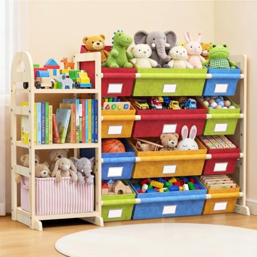 Toy Storage Organizer with 3 Shelves and 12 Bins, Bookshelf/Bookcase, Kids Bin Shelf, Toys Box for Playroom Organization for Bedroom & Room, 47.4" W (Four-color) by HONGDDY