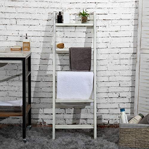 MyGift Large Whitewashed Wood Ladder Blanket Ladder, Farmhouse Style Wall Leaning Towel Rack with 5 Rungs (Vintage White) - Image 3