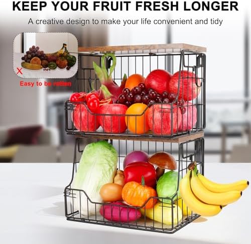 Livabber Fruit Basket for Kitchen, Metal Fruit Vegetable Storage Bin with 2 Banana Hangers, Countertop Wire Basket Organizer for Snack Potato Onion, Screw Mounted or Stand (Black, 2 Pack) - Image 4