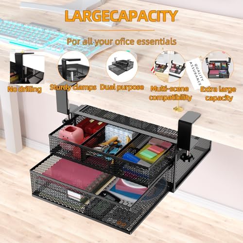 Under Desk Drawer Organizer No Drilling 2 Slide Out Drawer Under Desk Storage Drawer Clamp On Under Desk Management Drawer Organizer Suitable for Home and Office - Image 6