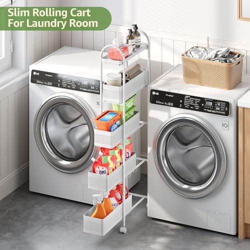 KINGRACK 5 Tier Slim Rolling Cart with Drawer, Metal Utility Storage Cart - Image 2