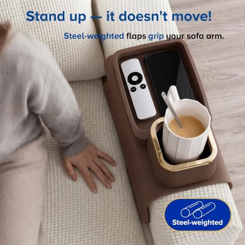 Couch Cup Holder Tray, Elimiko Silicone Anti-Spill and Anti-Slip Couch Drink Holder, Strong and Weighted Phone/Remote/Snacks Sofa Cup Holder (Brown) - Image 2