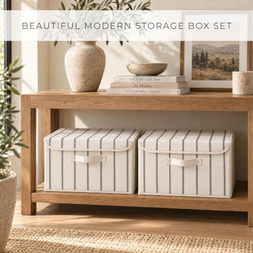 Decorative Linen Storage Boxes with Lids - Spacious Set of 2 Organizer Bins - Image 2