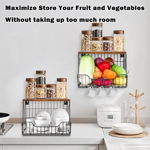 Livabber Fruit Basket for Kitchen, Metal Fruit Vegetable Storage Bin with 2 Banana Hangers, Countertop Wire Basket Organizer for Snack Potato Onion, Screw Mounted or Stand (Black, 2 Pack) - Image 5