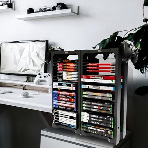ADZ Universal Game Holder – 46 Game Storage Tower Rack for PS2 PS3 PS4 PS5 PSP Xbox 360 Xbox One Series X Wii Switch Games DVD and Blu-Ray Disks. Includes 2 Controller Mounts (Black) - Image 2