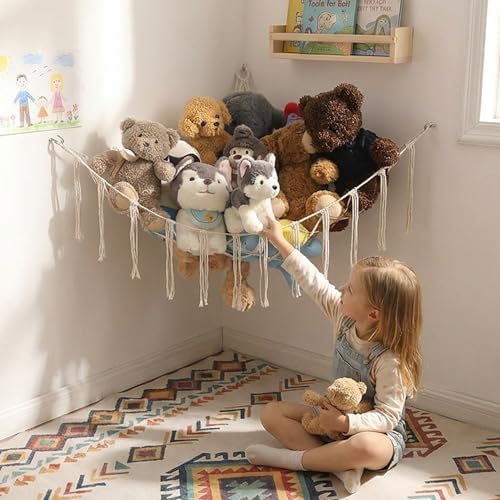 YKBU Stuffed Animals Hammock Corner Hanging Net Macrame Stuffed Animal Storage Plush Toy Holder Toy Organizer for Boho Nursery Playroom Bedroom Kids Room (cream, M) by YKBU