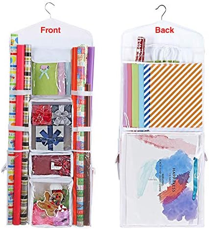 Wrapping Paper Storage Hanging Over the Door Gift Wrap Organizer Double Sided Front and Back Pockets Store Gift Wrap Gift Bags Ribbon Bows Accessories 40”x17” Fits Long 40 Inch Rolls (White) by Primode