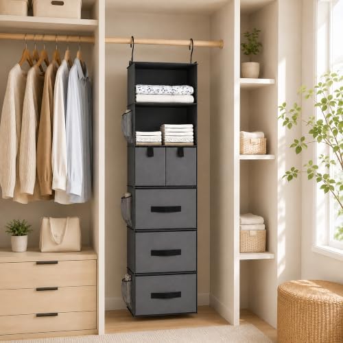 6-Shelf Hanging Closet Organizer with 5 Drawers, Gray - Black Handles - Image 6