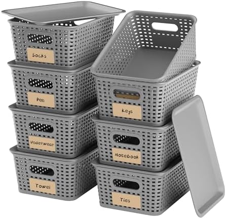 8 Pack Plastic Storage Baskets,Grey Stackable Bins with Lid by WRRLORS