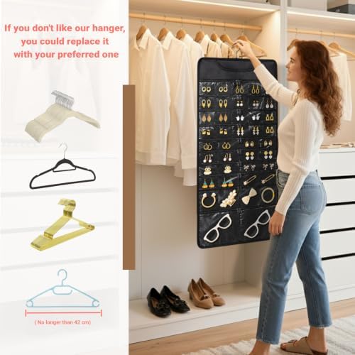 FOREGOER Hanging Jewelry Organizer 88 Zippered Pocket, 2-Sided,1 Pack Black - Image 2