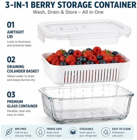 Glass Berry Container for Fridge, 3 Pack, 56oz 35oz 25oz, with Removable Colander and Vent Valve, Fresh Produce Storage Set(White) - Image 3