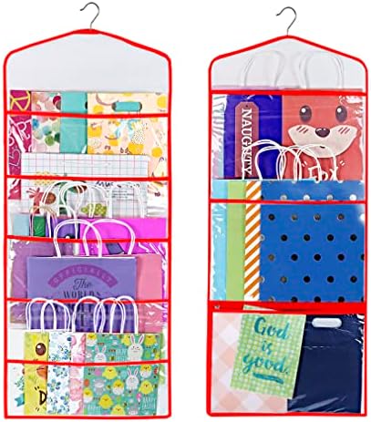 Gift Bag and Tissue Paper Storage, Hanging Organizer with Multiple Front and Back Pockets Double Sided, Organize Gift Wrap and Paper Bags 38 x 16 Inch (Red) by Primode