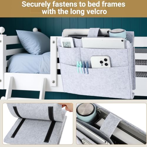 Seefoo Bed Caddy Organizer, Bunk Bed Shelf Caddy with 4 Pockets Grey - Image 5