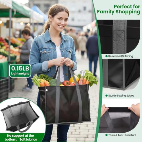 Reusable Grocery Bags for Shopping with Long Handles, 3 Pack, Black - Image 4