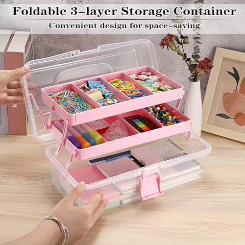 BTSKY 3-Layer Clear Plastic Dividing Storage Box Craft Organizer and Storage with Adjustable Spacers Portable Handled Art Supply Organizer Multipurpose Home Utility Box Sewing Organizers (Pink) - Image 2
