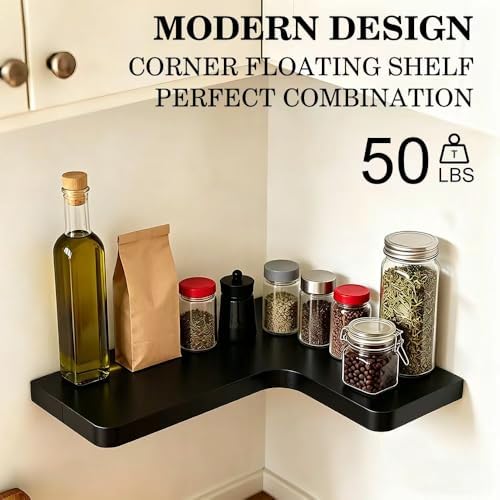 Floating Corner Shelves, Wall Shelf Set of 3, Shelves for Wall Storage, Solid Wood Shelves for Storage, Wall Mount Wooden Display Shelf for Bathroom Bedroom Kitchen Garage (Black 3 Pcs) - Image 4